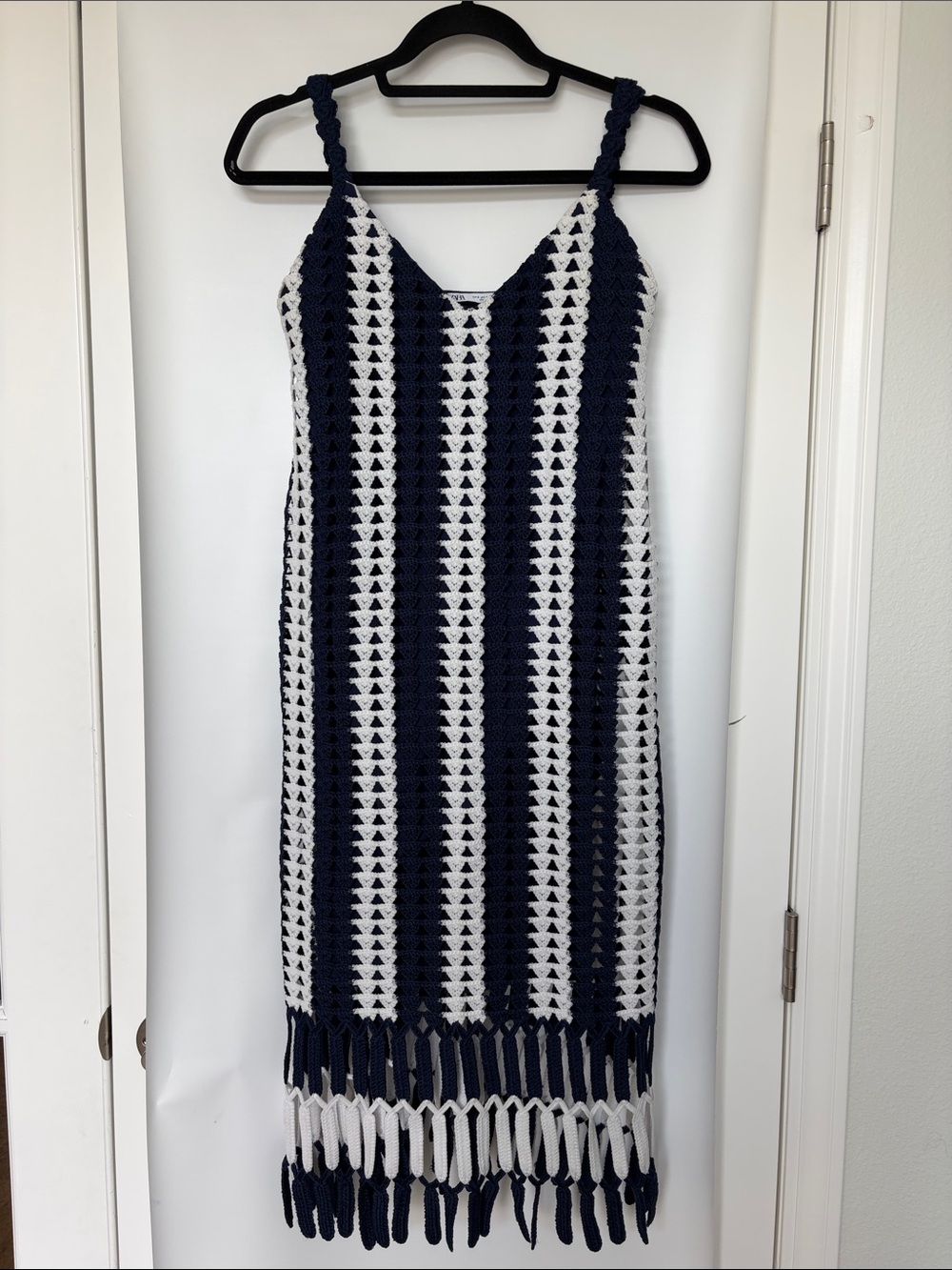 Zara Navy & White Crochet Stripe Fringe Midi Dress S Coastal European Vacation